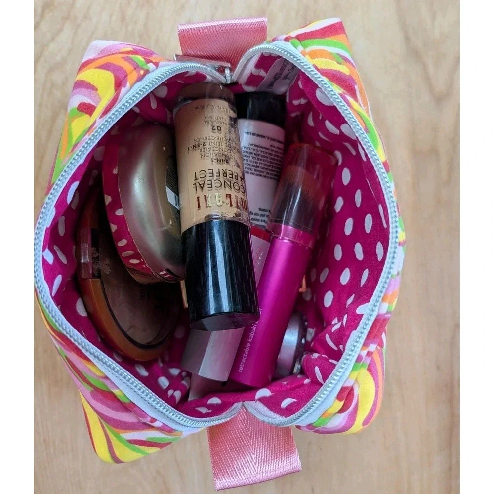 Embroidered MAKEUP Cosmetic Toiletry Pink Tye Dye Swirl + Matching Key Fob SET